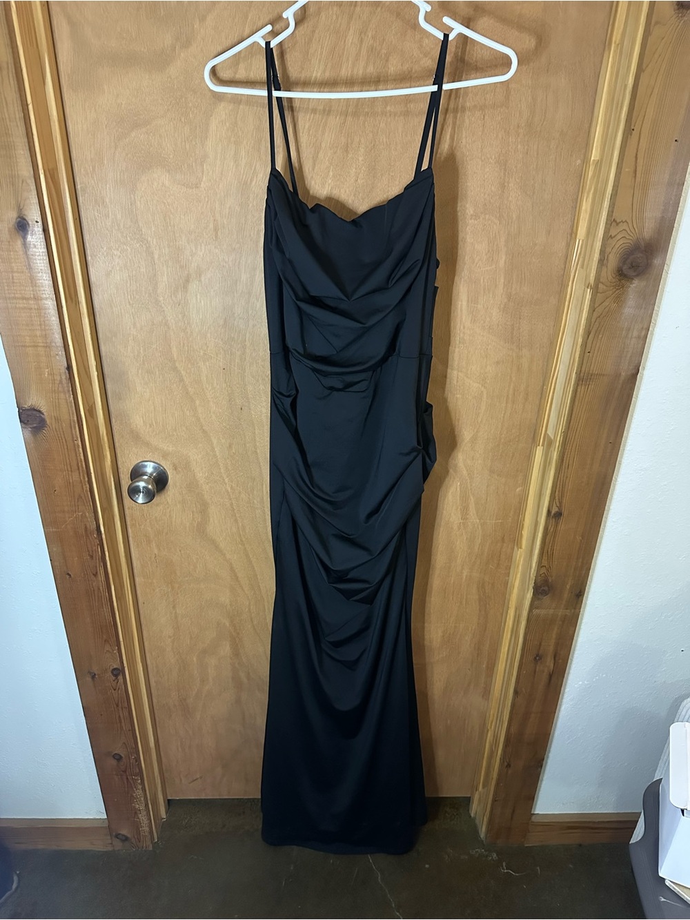 Elegant Black Draped Slip Dress with Spaghetti Straps
